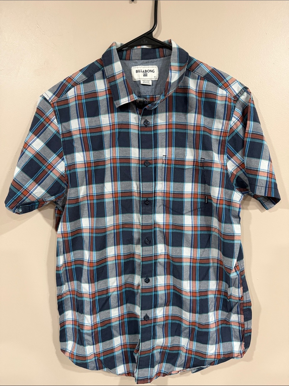 Billabong Short-Sleeve Plaid Button-Up in Navy, Brown & White medium